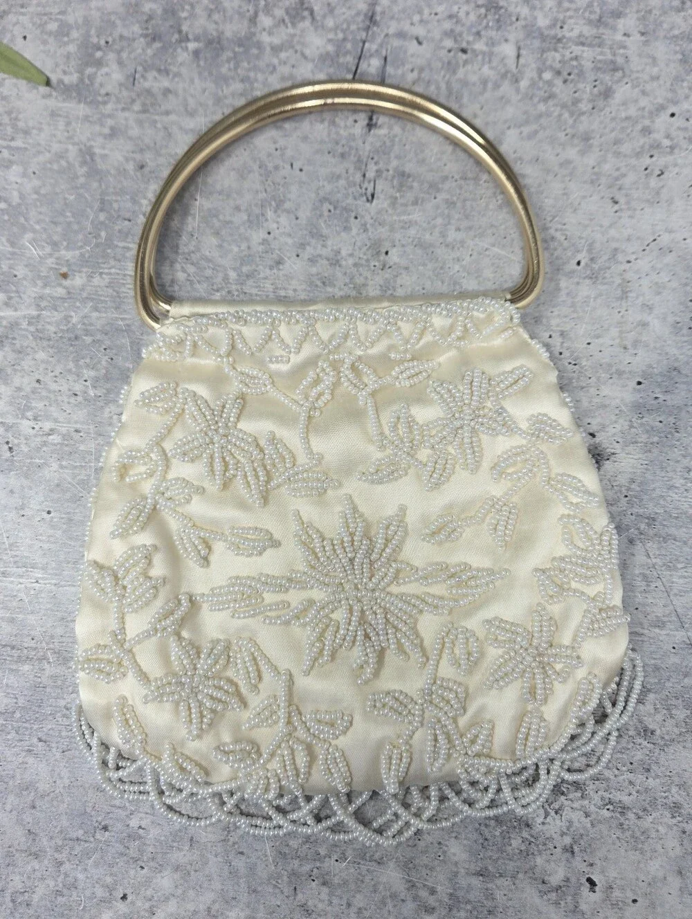 Vintage Ernest Ivory Beaded Gold Handle Handbag Evening Bag